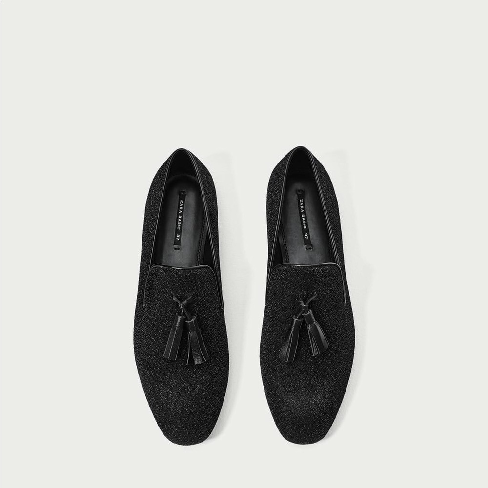 NWOT Zara Black Shimmery Flat Loafers with Tassels - Picture 4 of 5